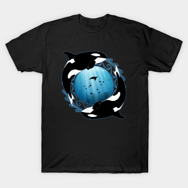 Orcas on Underwater Background T-Shirt by NicGrayTees